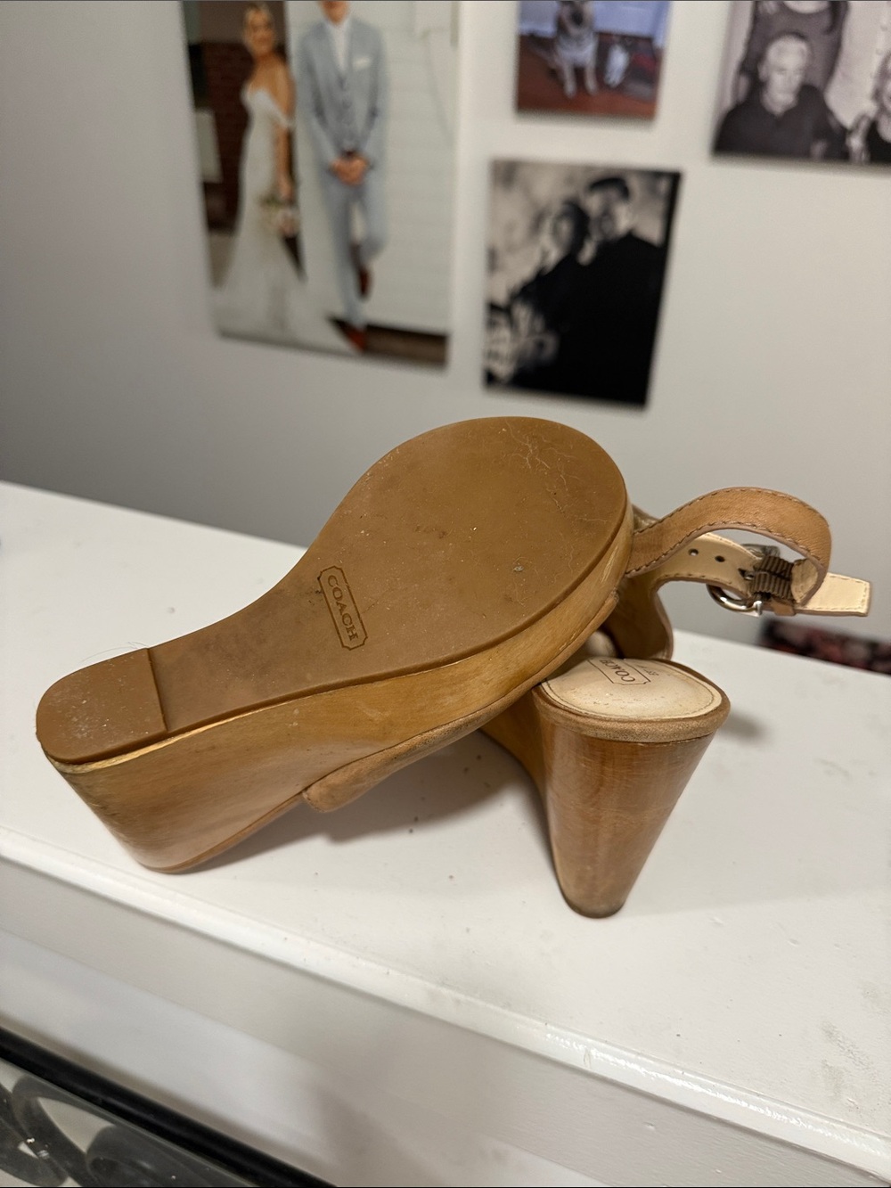 COACH Women's Tan Leather Perforated Slingback Wedge Sandals - Picture 7 of 10